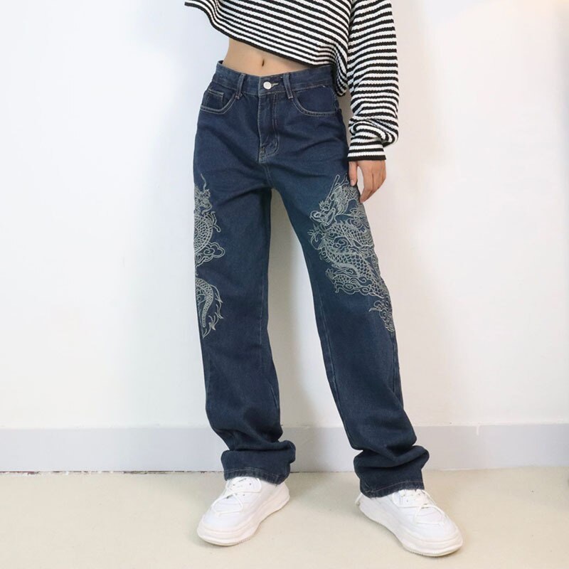 Winter Pants American Retro Streetwear Embroideried Jeans Straight Trousers High Waist Pants Hosen Damen Pantalon Hi